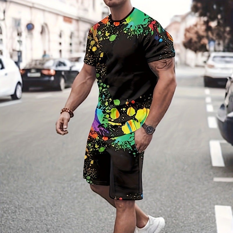 Trendy Men'S T-Shirt New Splicing 3D Short-Sleeve Shorts Sports Casual Set Dropshipping - Image 3